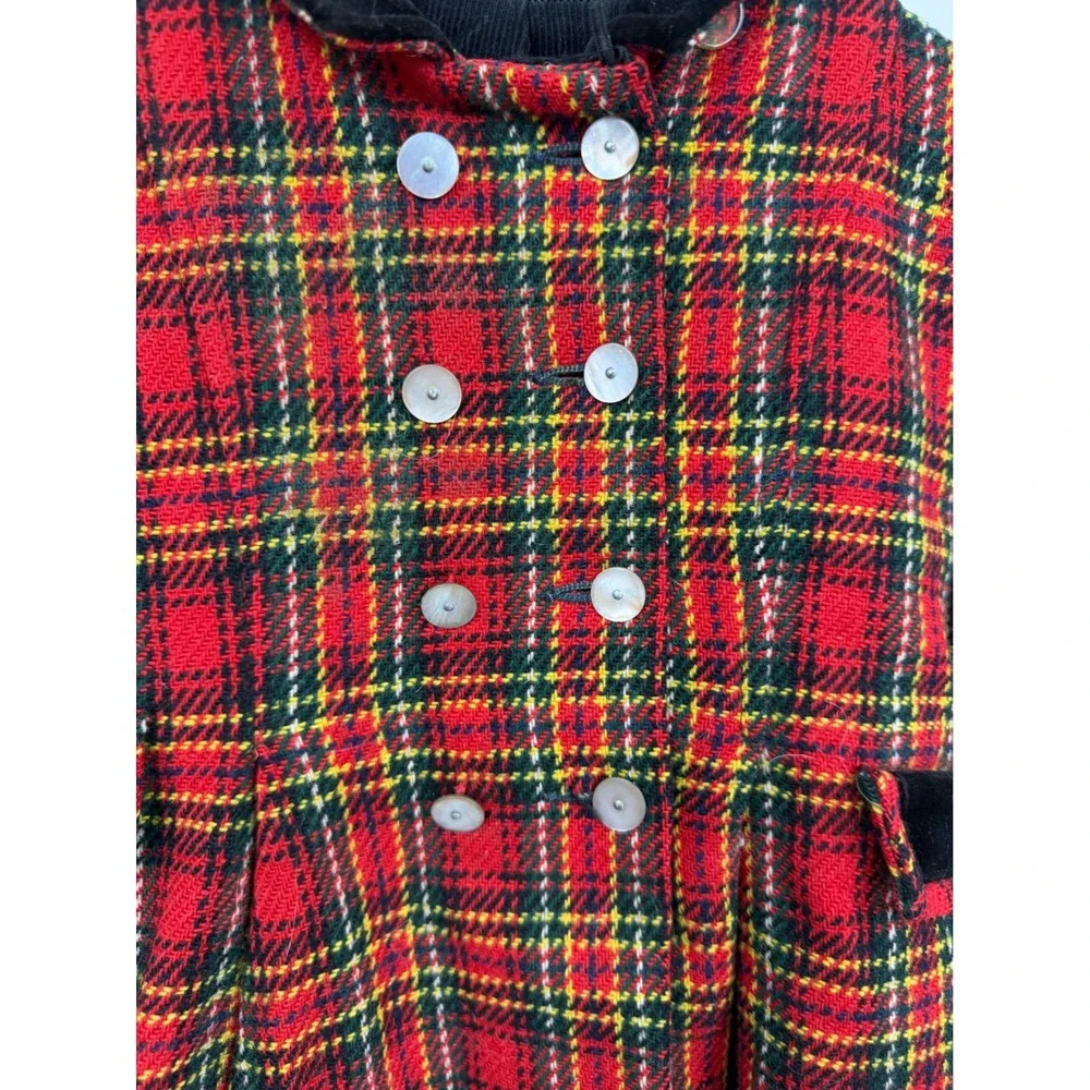 Vtg Plaid Coat girls 12 months 2T Red Tartan Velvet Trim Double Breasted Jacket